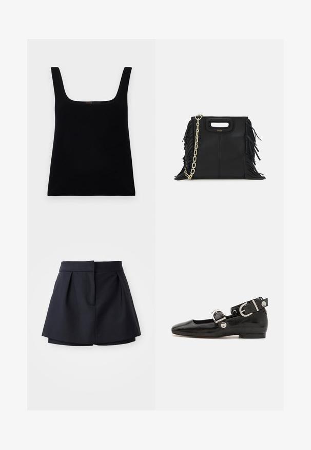 Schwarzes, ärmelloses Tanktop mit quadratischem Ausschnitt. Hergestellt aus glattem Stoff, mit einem schlichten Design und einem genähten Logodetail innen.; Marinefarbene Falten-Shorts mit hoher Taille, aus glattem Stoff gefertigt. Sie verfügen über ein figurbetontes Design und eine versteckte Fronttasche.; Schwarze Lackleder-Ballerina mit eckiger Zehenpartie, Knöchelriemen mit silberner Hardware und flacher Sohle. Glatte Textur mit minimalistischen Design.; Schwarze Lederhandtasche mit Fransen-Details, goldener Ketten-Schulterriemen und einem ausgeschnittenen Griff. Mit Logoplatzierung auf der Vorderseite.