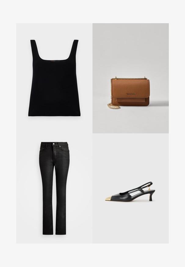 Schwarzes, ärmelloses Tanktop mit quadratischem Ausschnitt. Hergestellt aus glattem Stoff, mit einem schlichten Design und einem genähten Logodetail innen.; Schwarze Denim-Jeans im Slim-Fit-Schnitt, mit einem Fünf-Taschen-Design und subtiler Glanz. Sie verfügen über einen Knopfverschluss und Gürtelösen.; Schwarze Leder-Slingback-Schuh mit spitzem Zeh und goldfarbener Metallic-Kappe. Verfügt über ein Ausschnittdesign und einen schlanken Absatz mit verstellbarem Riemen.; Braune strukturierte Ledertasche mit goldener Kettenriemen und Klappenverschluss. Die Vorderseite zeigt ein Logo-Detail und eine Tasche unter der Klappe.