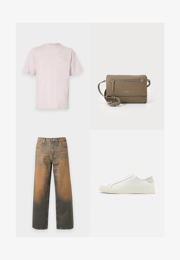 Gaiši rozā kokvilnas T-krekls ar īsām piedurknēm, apaļo kakla izgriezumu un uzdrukātu tekstu "NoProblemo" baltā krāsā uz priekšpuses.; Platas kāju džinsi novecojušajā zilā un brūnā denimā. Ievērojams augsts viduklis, priekšējās kabatas un klasiskā pogu aizdare ar metāliskām akcentiem.; Balti ādas sporta apavi ar gludu virsmu, noapaļotu purngala daļu un minimālistisku dizainu. Iezīmējas ar bežām akcentiem uz papēža un gumijas zoli.; Taupe krāsas ādas pleca soma ar rāvējslēdzēja priekšējo kabatu, regulējamu siksnu, akmens tekstūru un iegravētu logo priekšpusē.