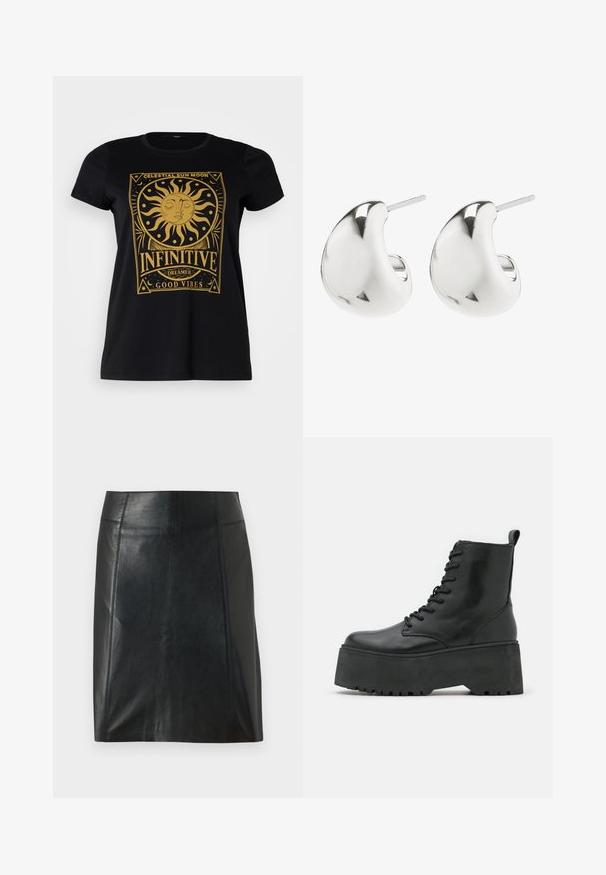 Vero Moda Curve VMMILLA FRANCIS - T-Shirt print - black; Schwarzer Lederrock mit taillierter Passform. Glatte Textur, Nähte, die die Form betonen, und ein gerader Saum. Minimalistische und elegante Optik.; Schwarze Knöchelstiefel mit einer dicken Plattformsohle, aus glattem Leder gefertigt, mit Schnürdesign und einer Zuglasche hinten.; Silberne Steckerohrringe mit einem glatten, geschwungenen Design. Sie verfügen über eine polierte Oberfläche und eine Steckverschlusssicherung für sicheren Halt.