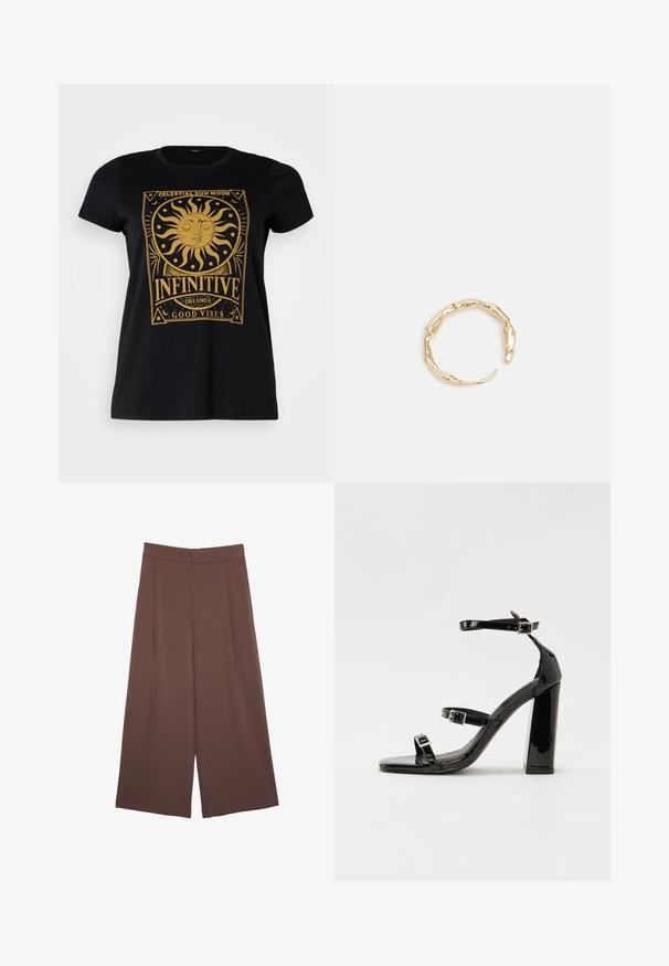 Vero Moda Curve VMMILLA FRANCIS - T-Shirt print - black; Braune Weite-Leg-Hosen mit einer glatten Textur, hoher Taille und Vorderfalten. Der Stoff ist leicht und fällt locker.; Schwarze patentierte Sandalen mit Absatz, quadratischer Spitze, Knöchelriemen und silbernen Schnallen. Mit einem stabilen Blockabsatz für mehr Stabilität.; Goldfarbener Ring mit einem organischen, gedrehten Design, glatter Oberfläche und sich verjüngenden Enden, was ein modernes, skulpturales Erscheinungsbild erzeugt.