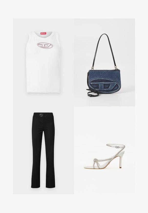 Top sin mangas blanco con un logo de Diesel bordado en color rosa claro en el pecho. Hecho de material de algodón suave, con una textura lisa.; Pantalones de campana negros con un tejido suave y elástico. Presenta una cinturilla ancha y un acento de logo negro brillante en la parte frontal.; Sandalía blanca de tacón alto con una tira texturizada que cuenta con strass, diseño de punta abierta y correa para el tobillo con hebilla ajustable.; Bolso crossbody de denim con una correa de cuero negro, diseño de logo ovalado en la parte delantera y cierre de cremallera en la parte superior. Acabado texturizado.