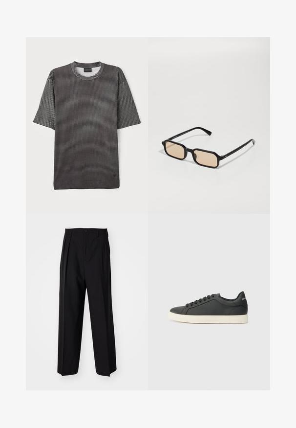 Juoda trumpa rankovėmis marškinėliai su tekstūruotu raštu, kuriame yra mažų baltų kvadratėlių, su apvalia iškirpte ir laisvu siluetu. Minkšta medžiaga su lygia apdaila.; Juodi klostuoti kelnių, su tiesiu, plačiu kojų dizainu. Pagaminti iš lygios medžiagos, su mygtukų uždarymu ir diržo kilputėmis.; Juodos odinės sportinės bateliai su žemu profiliu, apvaliu pirštu ir raištelių uždarymu; turi tekstūruotą guminį padą ir logotipo detalę ant kulno.; Juodos stačiakampės saulės akys su šviesiai rudos spalvos lęšiais, turinčios storą rėmelį, kampuotą formą ir subtilią aukso akcentą ant šventyklų.