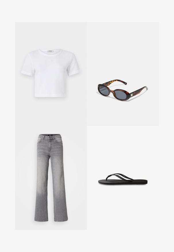 Witte, korte mouwen, ribbel T-shirt met een ronde hals. Heeft subtiele geborduurde logo op de voorkant. Zachte, lichte katoenen stof.; Lichtgrijze wijde jeans met een hoge taille, klassiek vijf-pocket ontwerp, knoopsluiting en subtiele vervaging overal.; Zwarte flip-flop met een gestructureerde rubberen zool, twee slanke banden en een subtiele, ingedrukte logo-detail op de band.; Bruine schildpad zonnebril met ovale lenzen en een donkergrijze tint. Bevat een goudkleurige accent op de slapen. Glad plastic oppervlak.