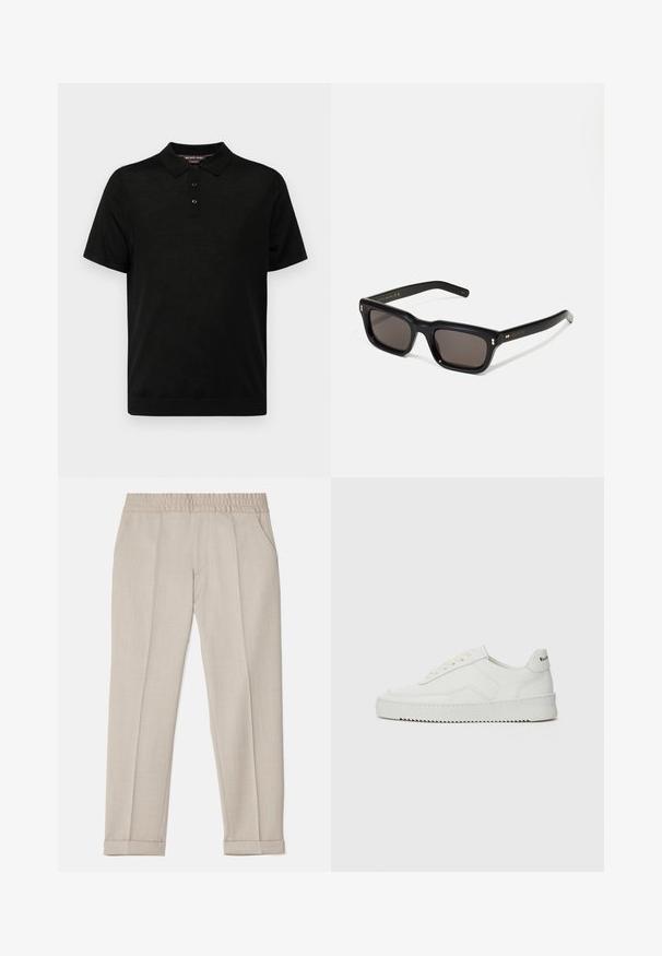 Polo shirt nero a maniche corte realizzato in tessuto liscio, con colletto classico, placket con tre bottoni e silhouette aderente.; Filippa K TERRY CROPPED TROUSERS - Pantaloni - sage melange; Sneaker in pelle bianca con una finitura liscia, punta rotonda, lacci piatti e suola testurizzata. Presenta un logo discreto sul tallone.; Occhiali da sole neri rettangolari con lenti scure, montatura spessa in plastica, dettagli dorati sulle tempie e logo del marchio inciso sull'asta.
