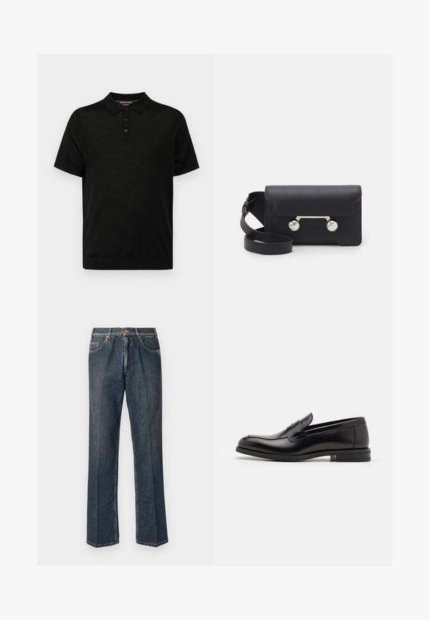 Czarna krótka koszulka polo z gładkiego materiału, z klasycznym kołnierzykiem, trzema guzikami z przodu oraz dopasowanym krojem.; Ciemnoniebieskie dżinsy prostego kroju z przodu na guzik, z suwakiem, podwójnymi kieszeniami z przodu oraz widocznymi pionowymi zmarszczeniami na nogawkach.; Czarne skórzane mokasyny o gładkiej fakturze, zaokrąglonym nosku i dekoracyjnym pasku na przodzie. Niski, warstwowy obcas, minimalistyczny design.; Czarna skórzana torba na ramię z klapką, z metalowymi elementami w srebrnym kolorze i dwoma okrągłymi akcentami. Posiada odczepiany pasek. Gładka faktura.