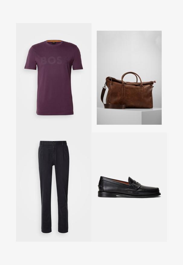 Lilla lühikeste varrukatega T-särk, mis on valmistatud puuvillast, keskel on diskreetne logo. Ümar kaelus, mille sees on oranž accenti.; Mustad kohandatud püksid, mis on valmistatud siledast kangast. Omavad esipaneeli, kahte küljetaskut ja sirgeid jalgu. Minimalistlik disain, ilma mustriteta.; Mustad nahast mokassiinid siledapinnalise, ümara varba ja dekoratiivse paelaga pealpool. Omavad madalat musta tallaga.; Pruunist nahast nädalavahetuse kott, millel on lukuga sulgur, topeltkäepidemed, reguleeritav õlavarre rihm ja nähtavad tekstuurimustrid pinnal.