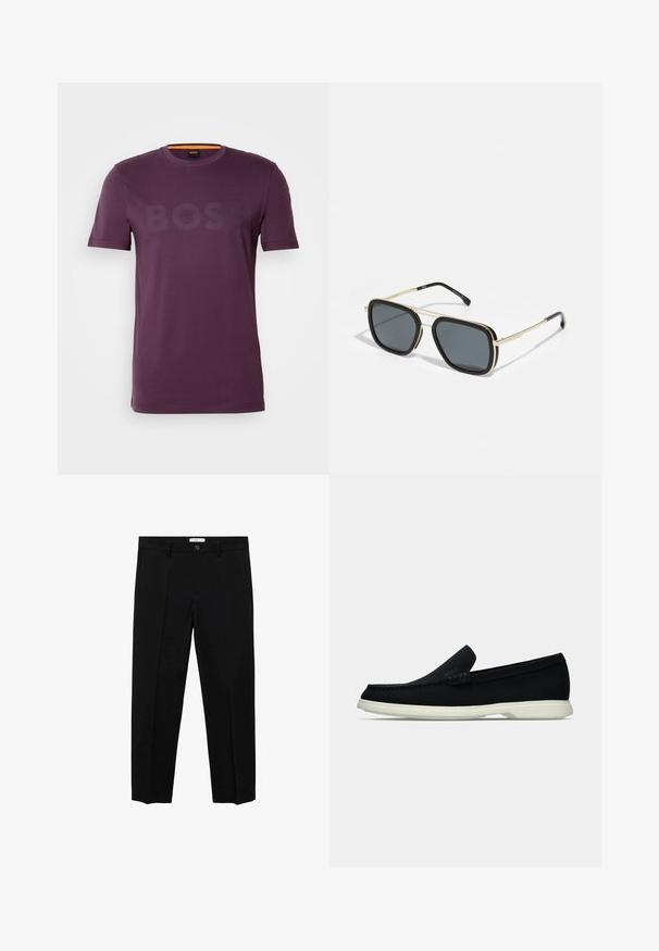 Fialové tričko s krátkým rukávem vyrobené z bavlny, s jemným logem uprostřed. Kolo výstřihu s oranžovým akcentem uvnitř.; Černé zakázkově šité kalhoty s rovnými nohavicemi, s jedním knoflíkovým zapínáním, poutky na opasek a předními záhyby. Vyrobené z hladkého materiálu.; Černá nazouvací bota s kulatou špičkou, má texturovaný svršek, hladkou bílou podrážku a subtilní značkový detail na boku.; Černé a zlaté sluneční brýle se čtvercovým tvarem, kovovým rámem, tmavě šedými skly a černými koncovkami nožiček. Disponují designem s dvojitým mostem.