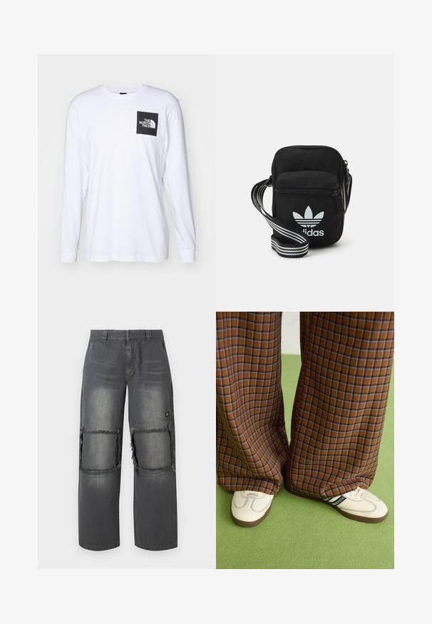 White long-sleeve t-shirt with black square logo reading "The North Face" on the upper left chest.; Gray denim pants with a relaxed fit, featuring frayed knee patches, contrasting stitching, and a small logo on the side.; Brown and blue plaid wide-leg trousers paired with white shoes featuring black accents and textured soles, set against a green background.; Black fabric crossbody bag with a zipper closure, featuring a white Adidas logo and a striped adjustable strap for easy carrying.
