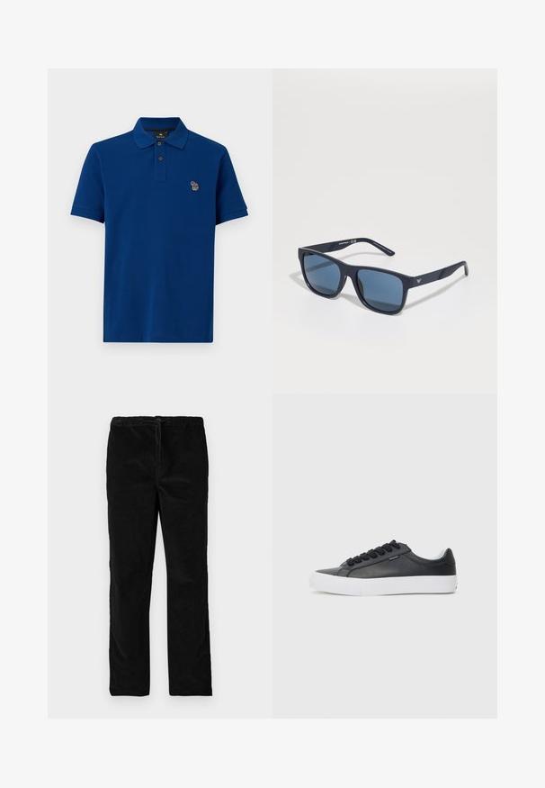 Zils kokvilnas polo krekls ar īsām piedurknēm, divi brūni pogas pie apkakles un neliels daudzkrāsains izšūts logo uz krūts.; Melnas taisnas kājas samta bikses ar elastīgu jostasvietu un priekšējo auklu, attēlotas uz vienkārša balta fona.; Melna ādas sporta apava ar baltu gumijas zoli, apaļu purngalu un melnām auklām, ar gludu tekstūru un minimālistisku dizainu.; Zilie taisnstūra saulesbrilles ar tumšiem stikliem, matēta jūras zila ietvaros, logo detaļa uz tempļa, taisnas rokas un cieta, gluda virsma.
