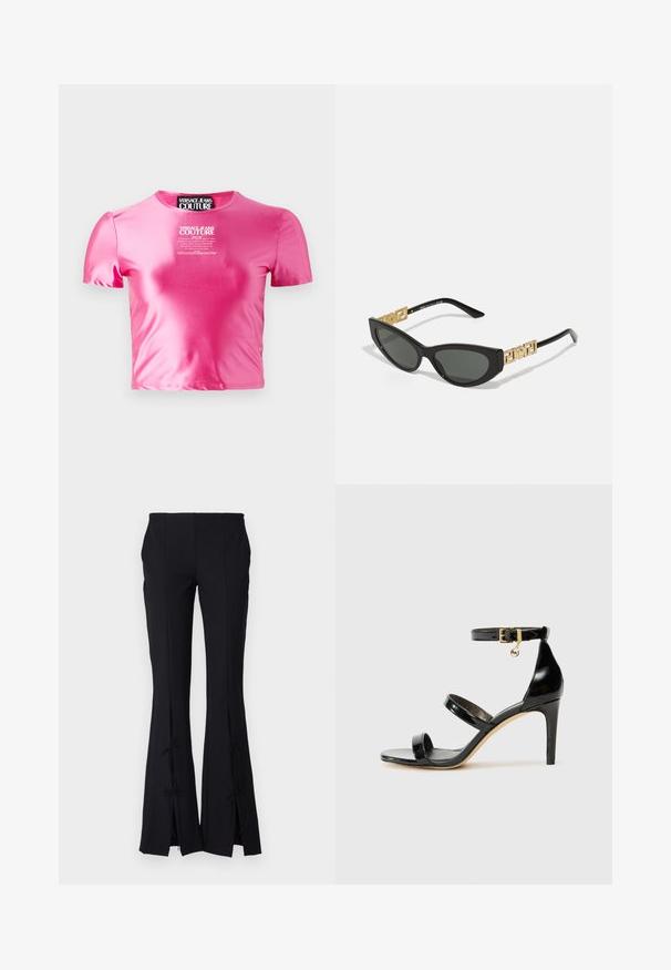 Rožinė trumpa sijoninė marškinė, pagaminta iš lygaus, blizgaus audinio. Savybės: trumpi rankovės ir apvalus kaklo iškirpimas su baltu logotipu centre.; Juodi plačiai floruoti kelnių, pagaminti iš lygaus audinio, su plyšiais apatinėje dalyje, surišamais kaspinais, kad pridėtų papildomą detalę.; Juodas patentuotas odinis sandalai su trimis diržais, kulkšnies sagtimi ir 4 colių stiletto kulnu. Yra aukso detalės ir logotipo žavesys.; Juodos katės akies formos saulės akinius su tamsiais objektyvais, puošiančiais auksiniai geometriniai akcentai ant šventyklų ir švelnus matinio paviršiaus apdorojimas.