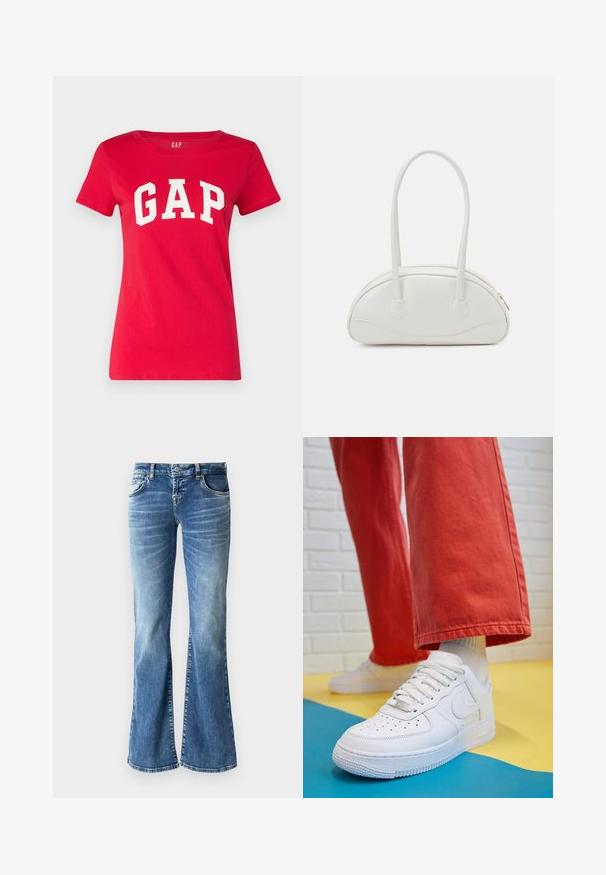 Rode katoenen T-shirt met een ronde hals en korte mouwen, met het woord "GAP" in dikke witte letters over de borst gedrukt.; Lichtblauwe denim flared jeans met een vervaagde wassing, vijf zakken, gestikte details en een rits met knopsluiting.; Witte leren sneaker met geperforeerde teenbox, gestructureerde zool en witte veters, gecombineerd met wijde rode broeken en een blauw-geel achtergrond.; Even&Odd Handtas - off-white; Gouden creolen met een gladde, glanzende afwerking. Circulaire vormgeving met een kleine post en een doorzichtige achterkant voor een veilige draagervaring.
