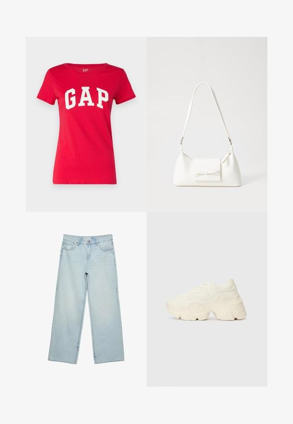Crvena pamučna majica s kružnim izrezom i kratkim rukavima, s natpisom "GAP" otisnutim velikim bijelim slovima na prsima.; Svijetloplave široke traperice s visokim strukom, s pet džepova i suptilnim izblijeđenjem. Ravnog kroja s obrubljenim rubovima.; Masivne bijele tenisice od teksturirane mreže i sintetičkih materijala, sa debelim potplatom i složenim uzorcima duž strana.; Bijela sintetička torbica s trokutastim oblikom, ravnim prednjim poklopcem i detaljem u obliku mašne, podesivom remenom, glatkom teksturom i minimalističkim dizajnom.
