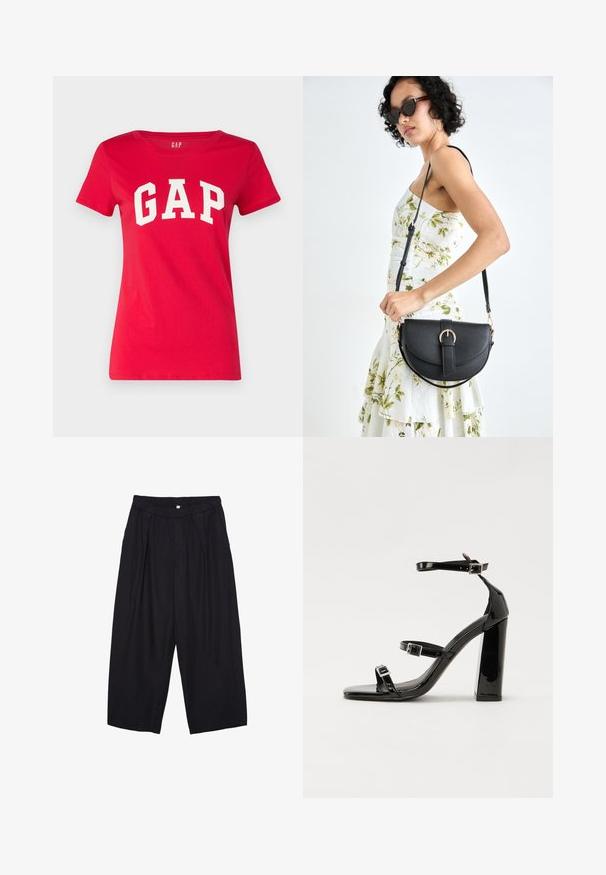 Červené bavlnené tričko s okrúhlym výstrihom a krátkymi rukávmi, so slovom "GAP" vytlačeným tučnými bielymi písmenami na hrudi.; Čierne polyesterové culotte nohavice s elastickým pásom, dvoma prednými záhybmi a voľným strihom. Žiadne viditeľné vzory ani detaily z kovu.; Čierne lakované sandále na podpätku so štvorcovou špičkou, navlečenými remienkami okolo členku a striebornými prackami. Disponujú masívnym blokovým podpätkom pre stabilitu.; Čierna kožená kabelka s zaobleným tvarom, odnímateľným popruhom a zlatými doplnkami. Kabelka má klopu s detailom s prackou.