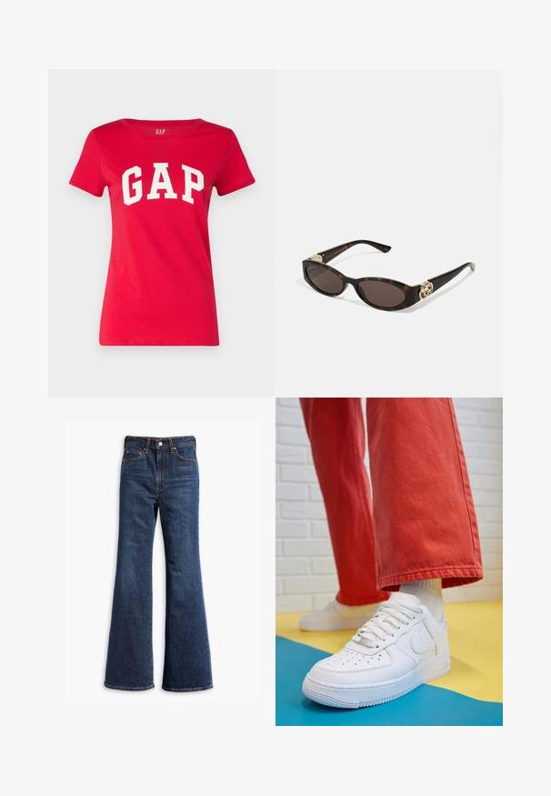 Rdeča bombažna majica s kratkimi rokavi in okroglim ovratnikom, z besedo "GAP" natisnjeno v debelih belih črkah čez prsi.; Visoko pasovi temno modri kavbojki z razširjenimi nogami, sprednja zadrga in gumbe, ter zasnova s petimi žepi.; Beli usnjeni športni čevlji s perforiranim prstnim delom, teksturiranim podplatom in belimi vezalkami, v kombinaciji s širokimi rdečimi hlačami in modro-rumeno ozadje.; Kornjačaste sunčane naočale s izduženim ovalnim lećama, smeškim tonovima, zlatnim logotipom na drškama i elegantnim crnim rukohvatima.