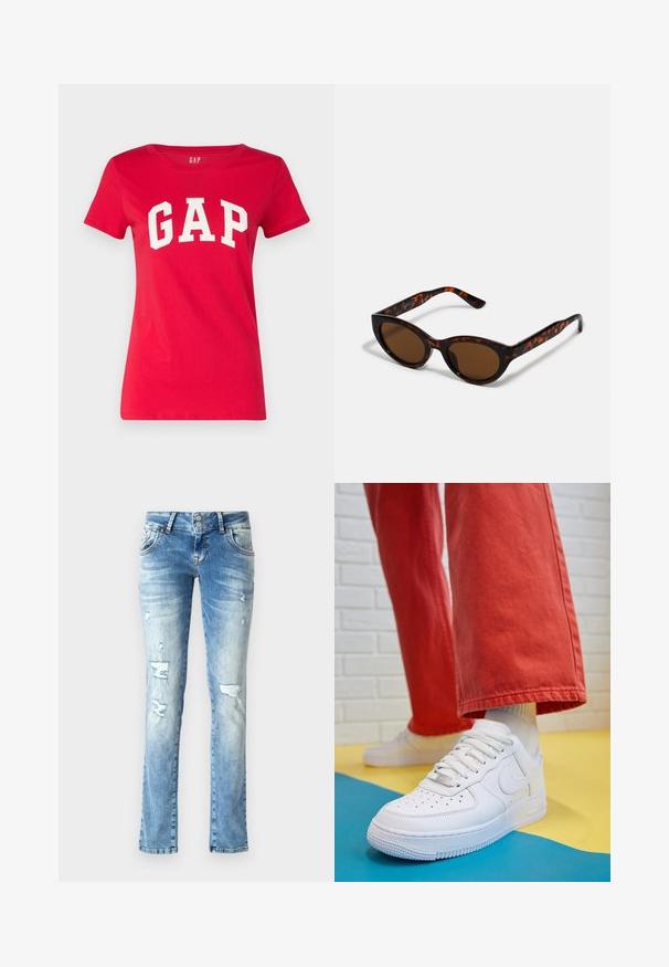 Czerwona bawełniana koszulka z okrągłym dekoltem i krótkimi rękawami, z wyrazem "GAP" nadrukowanym dużymi białymi literami na piersi.; Jasnoniebieskie dżinsy o luźnym kroju, z przetarciami, z zapinaniem na guziki (dwa guziki) i prostymi nogawkami.; Białe skórzane sneakersy z perforowanym czubkiem, teksturowaną podeszwą i białymi sznurowadłami, w połączeniu z szerokimi czerwonymi spodniami na niebiesko-żółtym tle.; Brązowe okulary przeciwsłoneczne w stylu tortoishell o klasycznym kształcie kociego oka i brązowych soczewkach. Posiadają zakrzywione ramiona z czerwonymi akcentami.; Złote kolczyki w kształcie kółek o gładkim, błyszczącym wykończeniu. Okrągły design z małym klipsem i przezroczystym zapięciem zapewniającym bezpieczne noszenie.