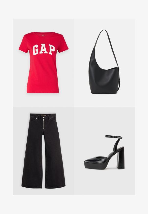 Rød bomulls T-skjorte med rund hals og korte ermer, med ordet "GAP" trykt med fete hvite bokstaver over brystet.; Vide benbukser i sort denim med glidelås i front, fem-lomme design og subtile sømdetaljer. Glatt tekstur og avslappet stil.; Sorte plattformhelter med spiss tå og justerbar ankelrem. Laget av glatt lær, med en robust blokkhel.; Svart lær hobo-veske med glatt tekstur, buet form og enkelt justerbart stropp; har en bred åpning på toppen.