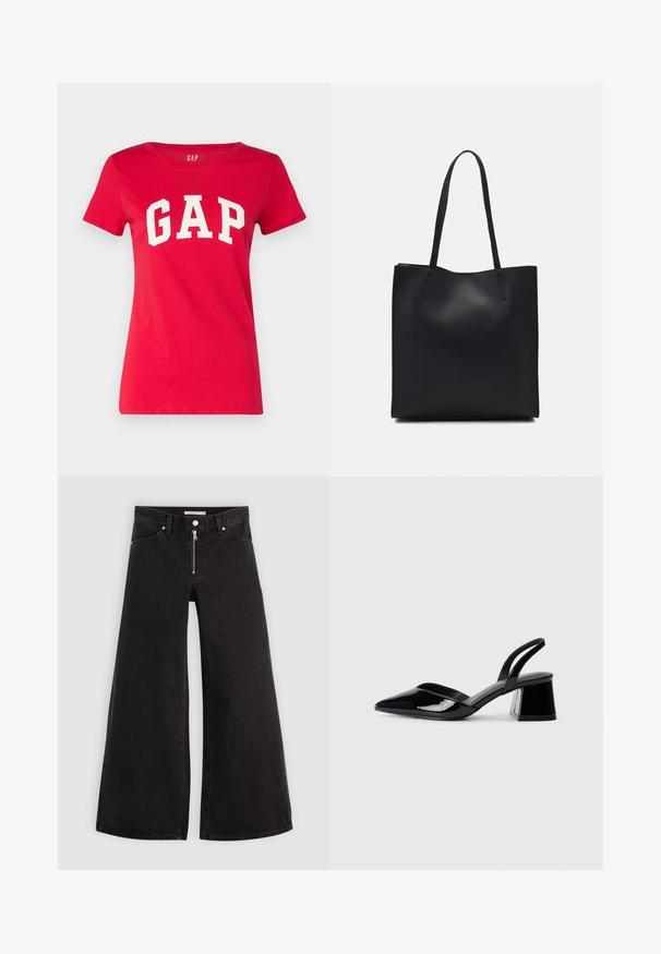 T-shirt en coton rouge avec un col rond et des manches courtes, portant le mot "GAP" imprimé en lettres blanches audacieuses sur la poitrine.; Jean large en denim noir avec une fermeture éclair à l'avant, un design à cinq poches et des détails de couture subtils. Texture lisse et style décontracté.; Escarpins en cuir verni noir avec bout pointu et talon bloc géométrique. Présente un design élégant et minimaliste ainsi qu'une texture lisse.; Sac fourre-tout en cuir noir avec une texture lisse, de forme rectangulaire et deux longues poignées. Pas de matériel ou d'ornementations visibles.