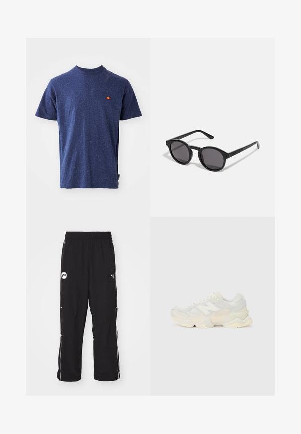 Tume sinine T-särk, mis on valmistatud puuvilla segust, omab täppidega tekstuuri ja väikest punase ja kollase logoga rinnal. İseloomulikud lühikesed varrukad.; Mustad musternid mustad spordipüksid, lõdva istuvusega, elastne vöökoht, valged külgtriibud ja logo detail vasakul reitel. Kerge kangas.; Kerge tenniseking, mille pealis on valmistatud võrgust ja seemisnahast pehmes kreemitoonis, koos paksu tallaga ja kolmemõõtmeliste aktsentidega.; Mustad mustad prillid ümmarguse, veidi lainelise raami, tumedate läätsede ja sirgete mustade kätega. Sile, läikiv viimistlus ilma nähtavate mustriteta.