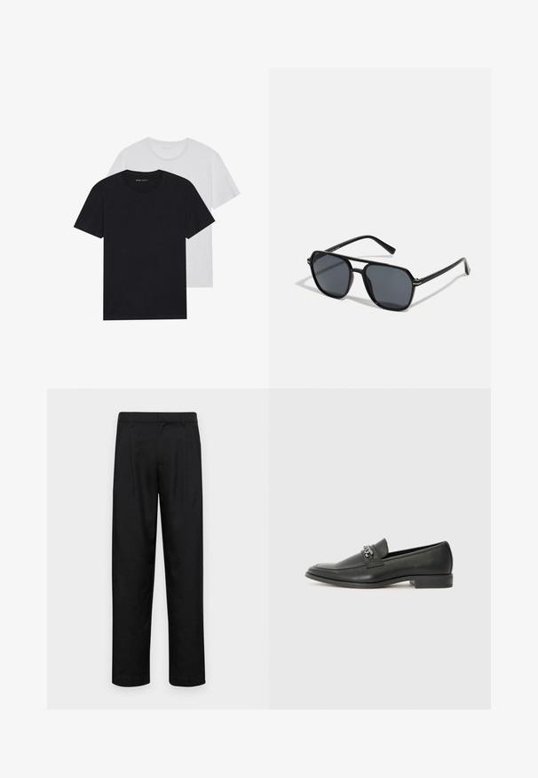 Black and white crew-neck t-shirts, short sleeves, made from cotton fabric, smooth texture, featuring branding on the neckline.; Black trousers made of smooth fabric, featuring a straight-leg design, two front pleats, and standard waistband with belt loops.; Black leather loafer with a smooth finish, featuring a stitched design and a decorative metal chain accent across the vamp. Flat heel.; Black sunglases with octagonal frame, dark lenses, glossy finish, thin temples, and gold accents on the front.