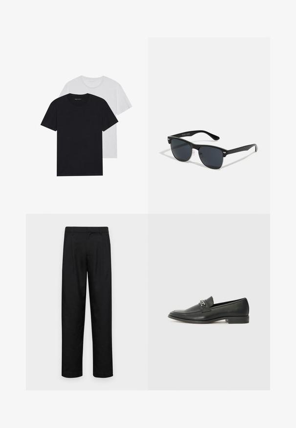 T-shirt in bianco e nero con colletto a giro, maniche corte, realizzato in tessuto di cotone, dalla texture liscia, con branding sul colletto.; Pantaloni neri realizzati in tessuto liscio, caratterizzati da un taglio dritto, due pieghe frontali e una vita standard con passanti per la cintura.; Mocassino in pelle nera con finitura liscia, caratterizzato da un design cucito e da un accento decorativo in catena metallica sul vamp. Tacco piatto.; Occhiali da sole neri con forma rettangolare, lenti scure, dettagli in argento alle tempie e finitura opaca sulla montatura.