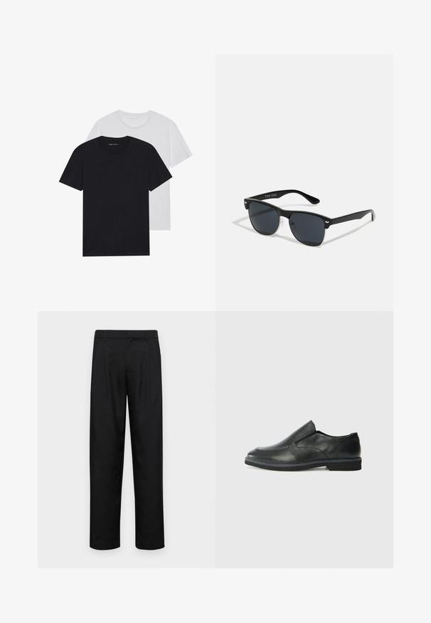 Čierno-biele tričká s kulatým výstrihom, krátkymi rukávmi, vyrobené z bavlnenej tkaniny, s hladkou textúrou, s logom na krku.; Čierne nohavice vyrobené z hladkej tkaniny, s rovnými nohavicami, dvoma prednými skladmi a štandardným pásom s pútkami na opasok.; Čierny kožený nazúvací topánka s hladkým zvrškom, prešitými akcentmi, zaoblenou špičkou a nízkym gumovým podpätkom. Podošva má minimálny dezén.; Čierne slnečné okuliare s obdĺžnikovým tvarom, tmavými sklami, striebornými akcentmi na bočných okrajoch a matným povrchom rámu.