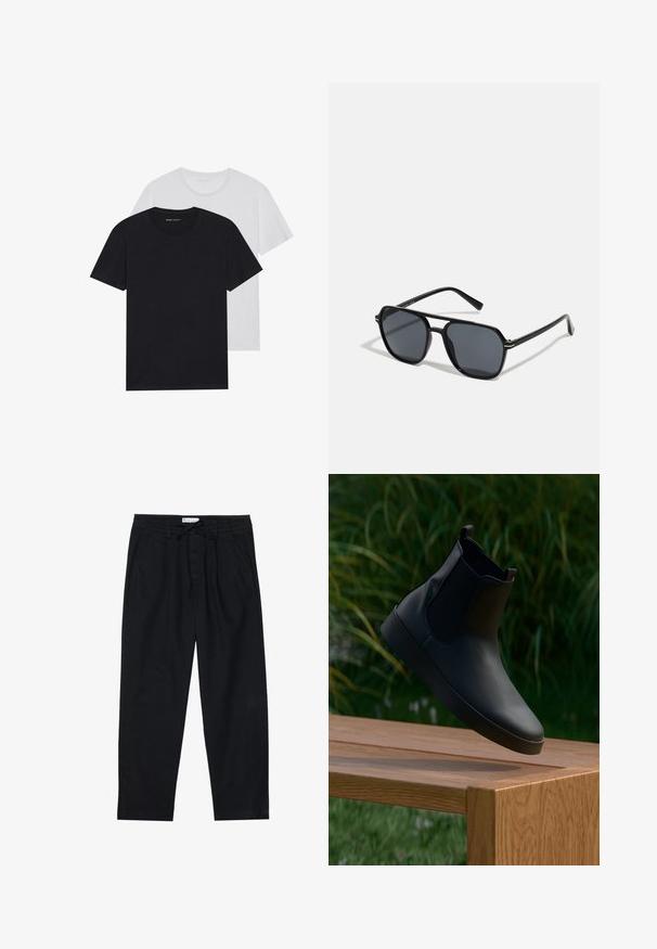 T-shirts pretos e brancos de gola redonda, mangas curtas, feitos de tecido de algodão, com textura suave, apresentando uma marcação na gola.; Pier One Chinos - black; Bota preta de couro até ao tornozelo com painéis laterais elásticos, textura suave, bico arredondado e sola plana, posicionada acima de uma mesa de madeira em fundo verde.; Óculos de sol pretos com armação octogonal, lentes escuras, acabamento brilhante, hastes finas e detalhes em dourado na parte frontal.