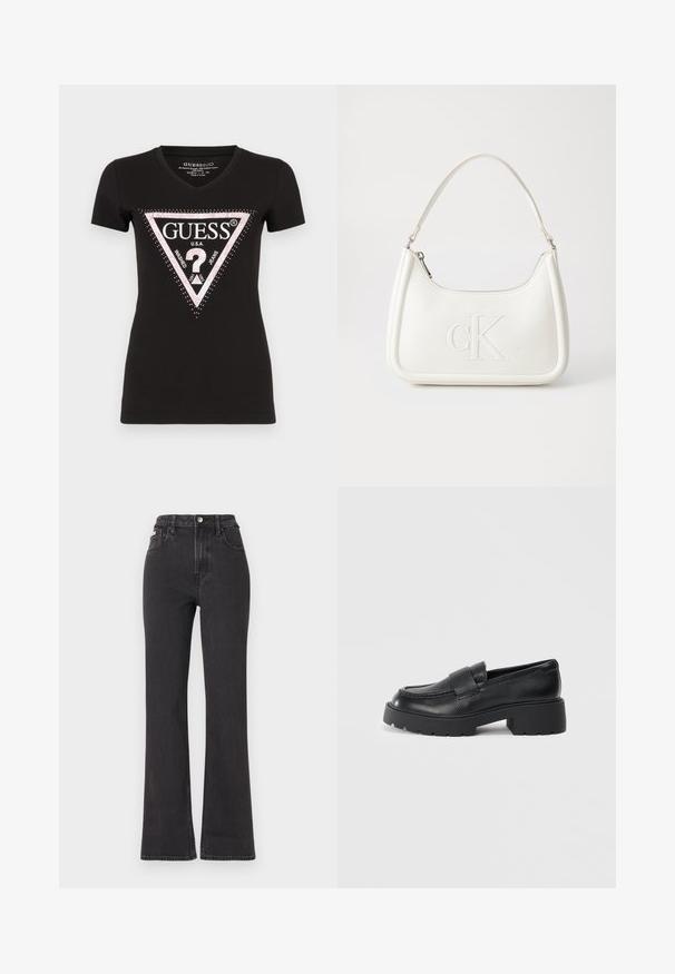Juodas medvilninis marškinėliai su V formos iškirpte ir trumpomis rankovėmis, papuošti rožinės ir baltos spalvos trikampio logotipo dizainu su blizgučiais.; Juodi aukštu liemeniu platėjantys džinsai, pagaminti iš džinsinio audinio, su mygtuko uždarymu, diržo kilpomis ir šoninėmis kišenėmis. Lygus paviršius su minimaliais išblukimais.; Juodi odiniai loaferiai su tekstūruotu paviršiumi, turintys stačiakampę juostą per vampą ir masyviu, nelygiu padu.; Balta odinė rankinė su išlenkta forma, su reljefiniu "CK" logotipu priekyje ir viena petneša. Užtrauktuko uždarymas viršuje.
