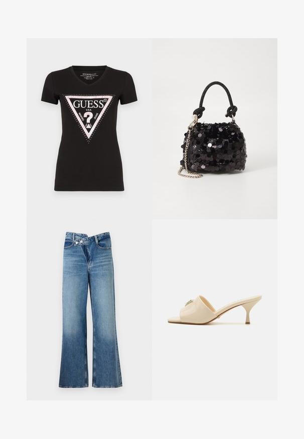 T-shirt nera in cotone con scollo a V e maniche corte, caratterizzata da un logo triangolare rosa e bianco con dettagli di strass.; Jeans a zampa d'elefante in denim blu chiaro con vita alta, dotati di due bottoni e tasche frontali. Il tessuto ha una texture sbiadita con variazioni sottili.; Mule sandal aperto in pelle verniciata beige con tacco stiletto basso. Presenta un accento decorativo centrale sulla parte superiore. Finitura liscia e lucida.; Mini borsa a tracolla nera in paillettes con una tracolla texturizzata annodata e catena argentata. Forma rotonda con parte superiore arricciata e dettagli riflettenti.