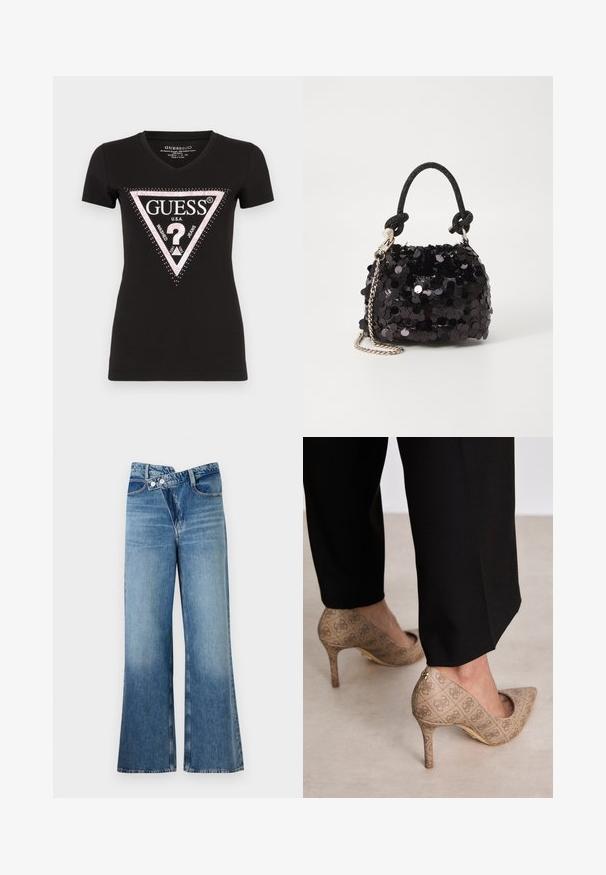 Musta puuvillane T-särk V-kaelusega ja lühikeste varrukatega, roosa ja valge kolmnurga logo kujundusega, millel on sädelusaktsendid.; Heledad sinise denimi laienevad teksad kõrge vöökohaga, millel on kaks nööpi ja eesnahk. Kangas on tuhm tekstuuriga, kus on kergeid varieeruvaid toone.; Beige kõrged kontsad, mis on valmistatud tekstureeritud kangast, millel on korduv muster. Terava nina disain tagakülje aktsendi ja kuldse kontsiga.; Must have mustrõngus mustal sädelev mini käekotil on sõlme tekstuuriga rihm ja hõbedane ketis. Ümar kuju, kokku kogutud ülaosa ja peegeldav detail.