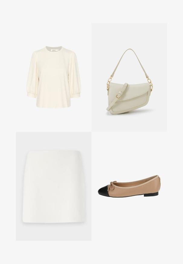 Cremefarvet top med korte, puffede ærmer, rund halsudskæring og en afslappet pasform. Fremstillet af blødt stof, ideelt til fritidsbrug.; Hvid, tætsiddende miniskørt med en glat tekstur og rene linjer. Ingen synlige mønstre eller hardware. Lige kant i bunden.; Ballet flade i beige læder med spids sort tå. Har en frontsløjfe detalje og en glat tekstur. Lav profil design med en gummisål.; Lille cremehåndtaske med tekstureret overflade, en lang justerbar rem, en kædeaccent og flaplukning. Detaljer i guldhardware.