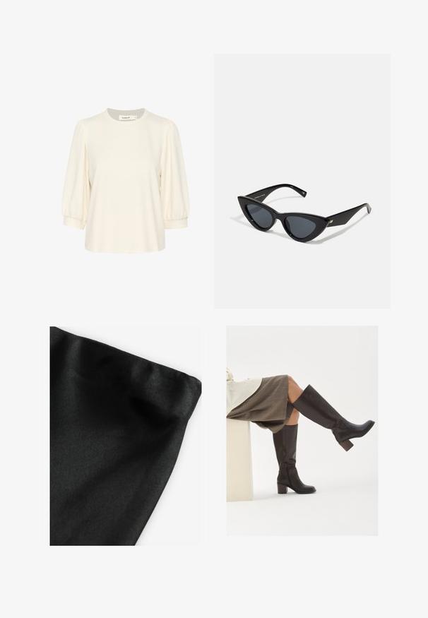 Kreemivärvi top, millel on lühikesed puhvitatud varrukad, ümar kaelus ja mugav lõige. Valmistatud pehmest kangast, ideaalne igapäevaseks kandmiseks.; Mustäri kangas sileda tekstuuriga, millel on volditud serv. Materjalil on kerge läige ja ühtlane pind ilma mustrite või aktsentideta.; Pruuni nahast kuni põlveni ulatuvad saapad ruudukujulise ninaga, tugeva kontsaga ja külgmise tõmblukuga. Sile tekstuur ja läikiv viimistlus.; Kassikujulised prillid, millel on läikiv must plastikraam, tumedad läätsed ja kuldsed aktsendid tempel. Nurgeline disain ja voolujooned.; Pruun nahast hobo kott ümmarguse kujuga, millel on kuldne metallist detail ja kontrastne õmblus. Koos teksapitsi ja teksastega.