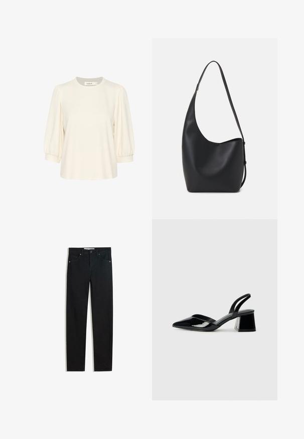Crème-kleurig top met korte, opgezette mouwen, ronde halslijn en een relaxed fit. Gemaakt van zachte stof, ideaal voor casual wear.; Zwarte denimbroek met een recht silhouet, vijf zakken, metalen knoopsluiting en subtiele stikdetails. Gladde textuur.; Zwarte gepatineerde leren slingback hakken met een spitse neus en een geometrische blokhak. Kenmerkt zich door een slank, minimalistisch ontwerp en een gladde textuur.; Zwarte leren hobo tas met een gladde textuur, kromme vorm en een enkele verstelbare schouderband; heeft een brede opening aan de bovenkant.