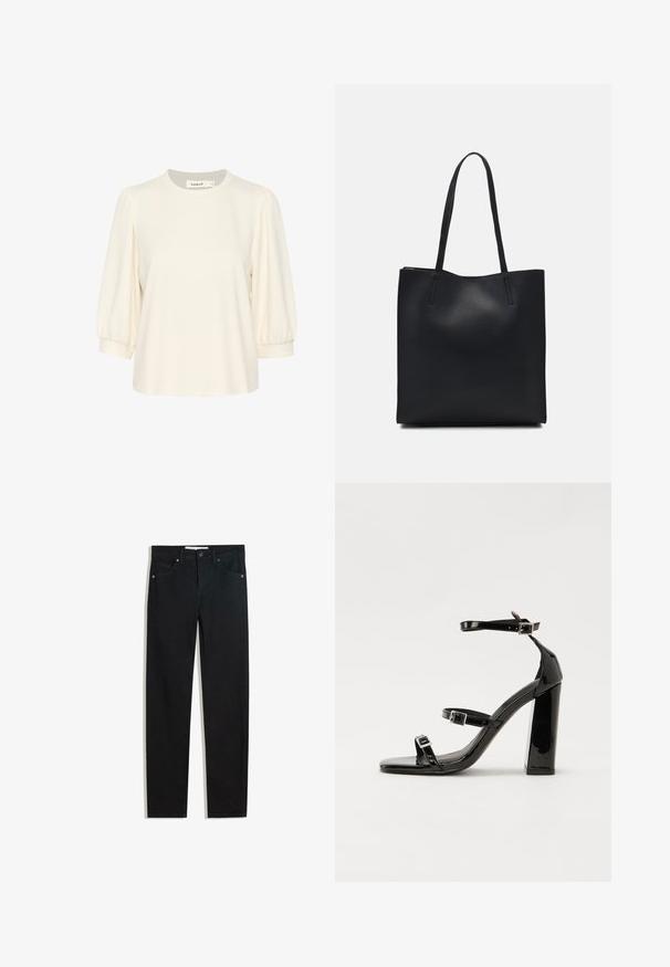 Cremefarbenes Oberteil mit kurzen, puffförmigen Ärmeln, rundem Ausschnitt und lockerer Passform. Hergestellt aus weichem Stoff, ideal für legere Kleidung.; Schwarze Jeans mit geradem Bein, fünf Taschen, Metallknopfverschluss und dezenten Nähten. Glatte Textur.; Schwarze patentierte Sandalen mit Absatz, quadratischer Spitze, Knöchelriemen und silbernen Schnallen. Mit einem stabilen Blockabsatz für mehr Stabilität.; Schwarze Laptoptasche aus Leder mit glatter Textur, rechteckiger Form und zwei langen Griffen. Keine sichtbaren Beschläge oder Verzierungen.