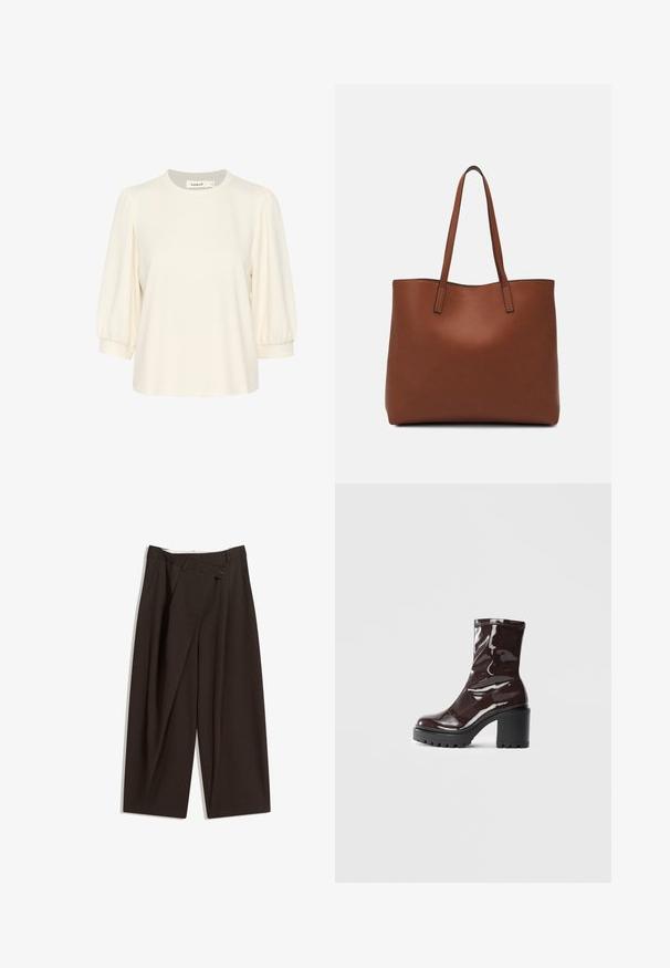 Cremefarvet top med korte, puffede ærmer, rund halsudskæring og en afslappet pasform. Fremstillet af blødt stof, ideelt til fritidsbrug.; Mørkebrune brede bukser med høj talje, udstyret med en enkelt knaplukning og en plisseret front. Lavet af letvægtsstof.; Glatte burgunder ankelstøvler med en chunky sort hæl, der har en glat tekstur og et simpelt design. Ingen synlige lukninger eller mønstre.; Brun læder tote taske med en glat overflade, åben topdesign og to skulderremme. Har minimal syning og ingen synlig hardware.
