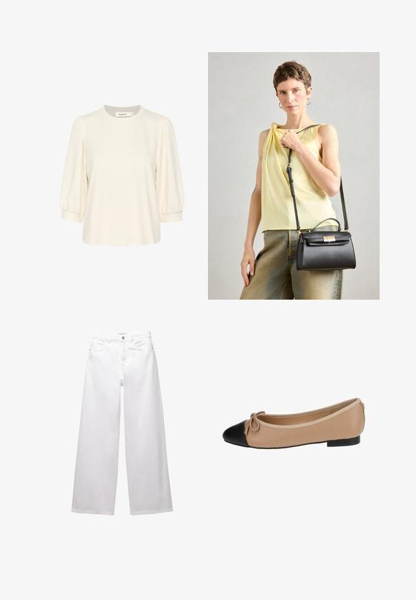 Cream-colored top with short, puffed sleeves, round neckline, and a relaxed fit. Made from soft fabric, ideal for casual wear.; White wide-leg jeans made from denim. Features button closure, front and back pockets, and stitched seams. Smooth texture with minimal detailing.; Ballet flat in beige leather with a black cap toe. Features a front bow detail and a smooth texture. Low profile design with a rubber sole.; Black leather handbag with a structured design, top handle, and adjustable strap. Smooth texture and a gold hardware clasp detail.