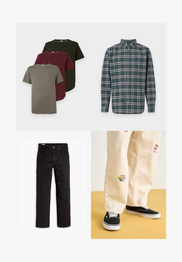 Three short-sleeve T-shirts in olive green, burgundy, and gray, made from soft cotton, featuring a crew neck and a relaxed fit.; Green flannel shirt with a plaid pattern featuring blue, white, and mustard yellow lines. Buttoned front and pointed collar. Long sleeves.; Black straight-leg denim jeans with five pockets, button closure, and belt loops, laid flat on a white background.; Beige cotton pants with playful embroidered designs including a pink character and colored block, paired with black lace-up sneakers.