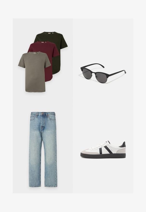 Kolme lyhythihaista T-paitaa oliivinvihreänä, burgundina ja harmaana, valmistettu pehmeästä puuvillasta, joissa on pyöreä kaula-aukko ja rento leikkaus.; Vaaleansiniset farkut suoran lahkeen muotoilulla, viidellä taskulla ja pronssinvärisillä yksityiskohdilla. Vähäistä haalistumista ja siisti viimeistely.; Valkoiset lenkkarit mustilla ja harmailla yksityiskohdilla, joissa on teksturoitu harmaa kärki, musta kumipohja ja litteät valkoiset nauhat. Siisti muotoilu, minimalistinen tyyli.; Mustat aurinkolasit pyöreillä linsseillä, matalla pinnalla ja erottuvalla kissamaisella muodolla. Kapeat taitteet, joissa on huomaamaton brändäys vasemmassa temppeleissä.