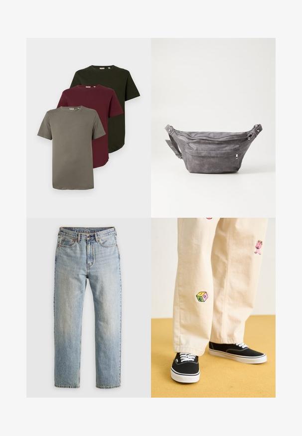 Trzy koszulki z krótkim rękawem w kolorze oliwkowym, burgundowym i szarym, wykonane z miękkiej bawełny, z okrągłym dekoltem i luźnym krojem.; Jasnoniebieskie dżinsy z wysokim stanem, z guzikiem z przodu, zamkiem błyskawicznym i pięcioma kieszeniami, ułożone na płasko na neutralnym tle.; Beżowe bawełniane spodnie z zabawnymi haftowanymi wzorami, w tym różową postacią i kolorowym blokiem, w połączeniu z czarnymi sznurowanymi sneakersami.; Szara zamszowa saszetka biodrowa o zaokrąglonym kształcie, z dwoma zasuwanymi komorami i regulowanym paskiem. Wyróżnia się metalowymi akcentami.