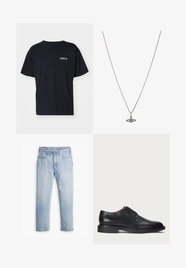 Levi's® VINTAGE FIT GRAPHIC - Marškinėliai su spaudiniu - black; Šviesiai mėlynos džinsinės kelnės su tiesiu kirpimu, penkių kišenių stiliumi ir kontrastingomis siūlėmis. Mygtuko ir užtrauktuko uždarymas juosmens srityje.; Juodas odinis suknių batelis su apvalia nosimi, raišteliais ir žemu, sukrautu kulnu. Lygus paviršius su minimaliais siuvinėjimo detalėmis.; Sidabrinė grandinėlė su detaliu pakabuku planetos forma, papuošta mažomis detalėmis ir sudėtingais raštais.