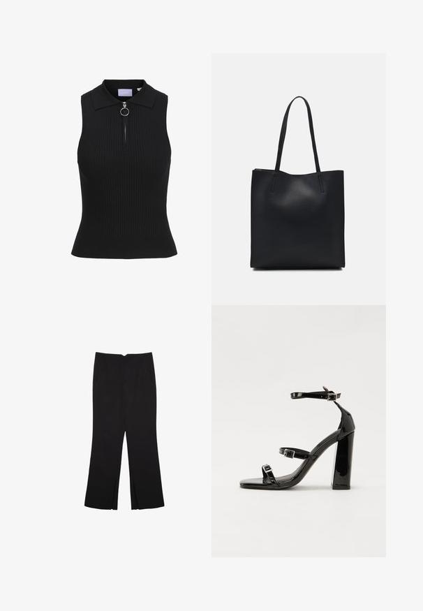 Čierny bezrukávový top s rebrovanou textúrou, priliehavý strih, golier Peter Pan a predným zapínaním na zips s okrúhlym úchytom.; Čierne nohavice so strihom rovného strihu, s prednými vreckami a bočnými rozparkami na leme. Vyrobené z mäkkej, hladkej tkaniny. Vhodné na rôzne príležitosti.; Čierne lakované sandále na podpätku so štvorcovou špičkou, navlečenými remienkami okolo členku a striebornými prackami. Disponujú masívnym blokovým podpätkom pre stabilitu.; Čierna kožená taška na rameno s hladkým povrchom, obdĺžnikovým tvarom a dvoma dlhými uchami. Bez viditeľného kovania alebo ozdôb.