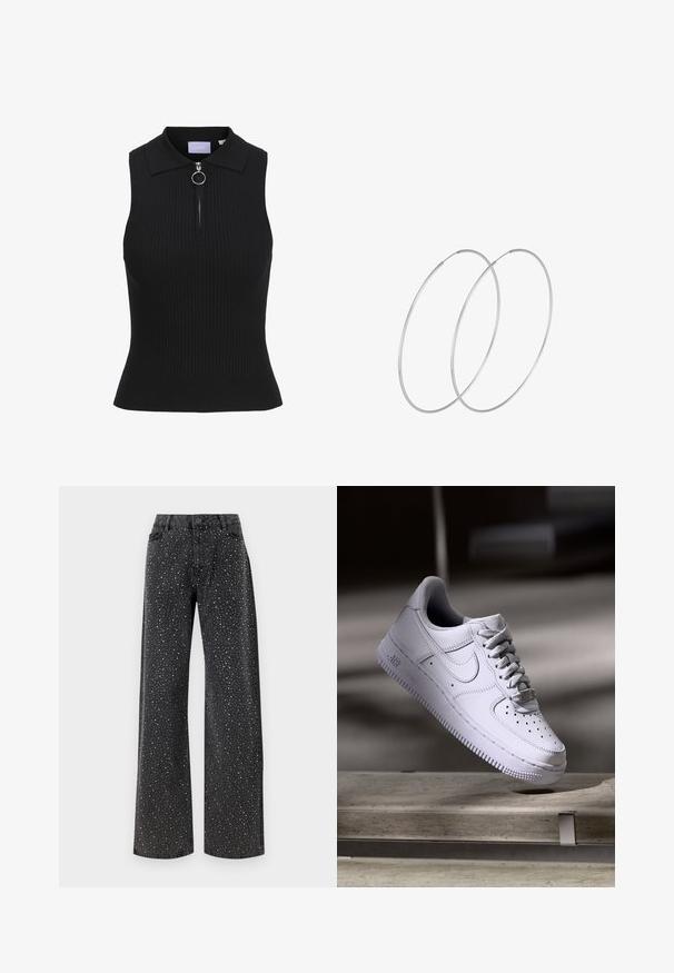 Čierny bezrukávový top s rebrovanou textúrou, priliehavý strih, golier Peter Pan a predným zapínaním na zips s okrúhlym úchytom.; Noisy May NMJANNEL LOOSE - Džínsy voľného strihu - black denim; Biele tenisky Nike Air Force 1 vznášajúce sa nad betónovým povrchom so tieňmi v minimalistickom prostredí.; Strieborné kruhové náušnice s minimalistickým dizajnom. Cirkulárny tvar, hladký povrch a tenký profil. Ľahké s lesklým povrchom.