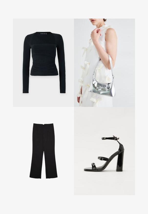 Čierny dlhý rukáv top vyrobený z mäkkého materiálu, s priliehavým strihom a nariasením v oblasti pása, s kontrastnými nepokrývanými ramennými panelmi.; Čierne nohavice so strihom rovného strihu, s prednými vreckami a bočnými rozparkami na leme. Vyrobené z mäkkej, hladkej tkaniny. Vhodné na rôzne príležitosti.; Čierne lakované sandále na podpätku so štvorcovou špičkou, navlečenými remienkami okolo členku a striebornými prackami. Disponujú masívnym blokovým podpätkom pre stabilitu.; Strieborná metalická kabelka so štruktúrovaným tvarom, ktorá má hornú rukoväť a mašľu na prednej strane. Hladká textúra, reflexný povrch.