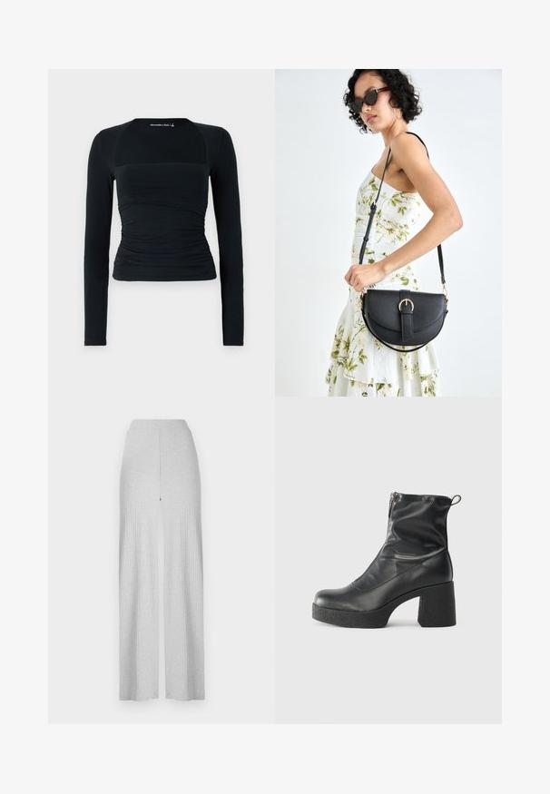 Top negru cu mânecă lungă, fabricat dintr-un material moale, cu un design ajustat și detalii pliate în talie, precum și panouri pentru umeri fără cusături, de culoare contrastantă.; Pantaloni largi drepți gri deschis, cu un talie înaltă și o deschidere frontală. Fabricat dintr-un material moale cu o textură fină.; Bocanci negri de glezna din piele netedă, cu fermoar lateral, toc texturat și masiv, și design cu vârf rotund.; Geantă din piele neagră, cu o formă curbată, curea detașabilă și accesorii aurii. Geanta are un capac cu un detaliu tip cataramă.