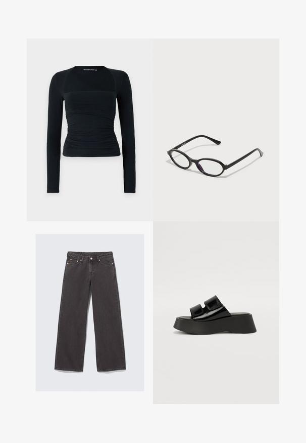 Juodas ilgomis rankovėmis viršus, pagamintas iš švelnios medžiagos, turintis prigludusį siluetą su surinkimo detalėmis liemenyje ir kontrastingais be siūlių peties paneliais.; Platus kojų džinsai, pagaminti iš tamsiai pilko džinsinio audinio. Ypatybės: aukšta talija, vario spalvos detalės ir klasikinis penkių kišenių dizainas.; Juodos lakuotos platforminės sandalai su dviem reguliuojamomis petnešomis. Yra storas juodas padas su pakylimu ir lygia tekstūra.; Juodos ovalios rėmelio akinių su permatomais violetiniais akcentais ant objektyvų. Rėmeliai turi matinį paviršių ir plonus, tiesius šventykles.; Sidabrinė metalinė rankinė su apvalia, lygia forma. Yra užsegimo sistema ir nuimama grandinėlė. Atsispindintis paviršius be raštų.