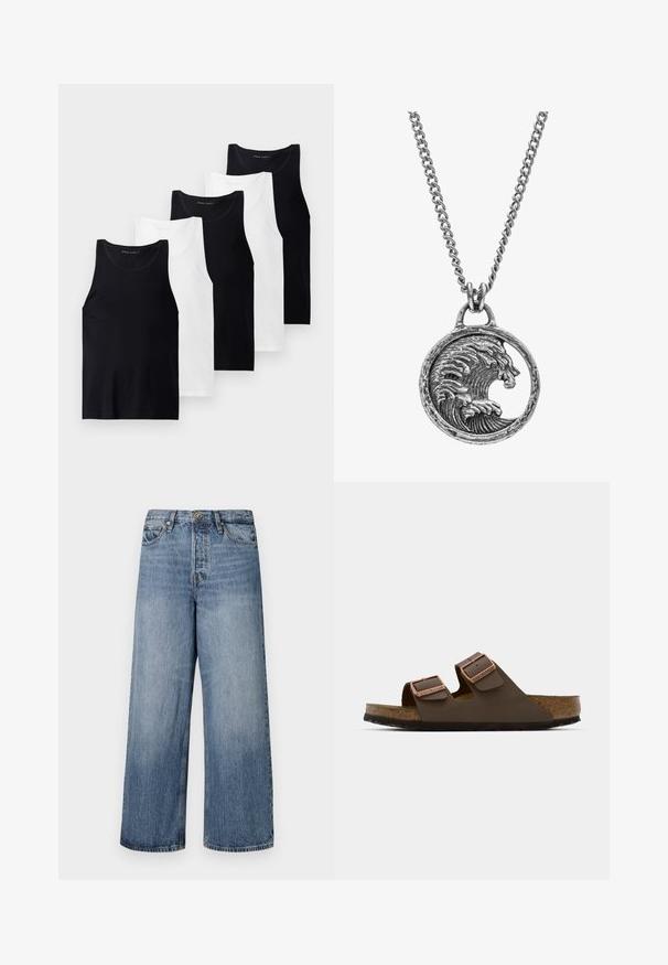 Set aus fünf ärmellosen Tanktops aus schwarz-weißem Baumwollstoff. Mit Rundhalsausschnitt, figurbetontem Schnitt und unifarbenem Design.; Weite blaue Denim-Jeans mit einer ausgewaschenen Optik, Fünf-Taschen-Design und einer Knopfverschluss. Ausgestattet mit Gürtelschlaufen und gestickten Details.; Braunfarbener Sandale mit zwei Riemen und Kupfer-Ü berschlägen, Korkfußbett und Gummisohle. Schlankes Design mit verstellbaren Riemen für eine optimale Passform.; Silberner Anhänger mit einem Wellenmotiv, das mit dem Gesicht eines Löwen verwoben ist, hängt an einer massiven Kette. Die strukturiert Oberfläche verleiht zusätzliche Details.