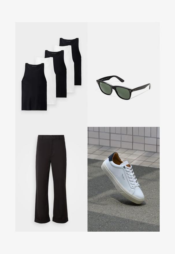 Sett med fem ermelesst tanktopper i svart og hvit bomullsstoff. Har rund hals, tettsittende design og ensfarget tekstur.; Sorte bukser med rett passform, laget av lett stoff. Har klassisk knappelukking og rullet mansjett ved sømmen.; Hvit lærsneaker med marineblå hæl, rund tå og kontrasterende brune detaljer. Har flate lisser og teksturert gummisåle.; Sorte plast-solbriller med grønne linser, firkantede rammer, sølvdetalje på brynene, og teksturerte stangarmen. Angitt merke på indre arm.