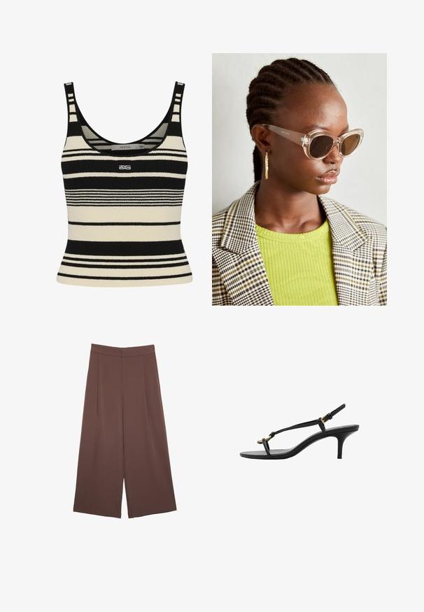Crni i krem prugasti top bez rukava s prilagođenim dizajnom, s debelim horizontalnim prugama i logotipom centriranim sprijeda. Mekana pletena tekstura.; Smeđe hlače širokog kroja s glatkom teksturom, koje imaju visok struk i nabore sprijeda. Tkanina je lagana i slobodno se kreće.; Crne kožne sandale s kitten heel potpeticama, tankim trakama, zlatnom kopčom i minimalističkom petom za prste, na bijeloj pozadini.; Prozirne mačkaste sunčane naočale s smešnim lećama i transparentnim okvirom. Manekenka nosi zeleni rebrasti top i karirani blejzer. Zlate kružne naušnice.