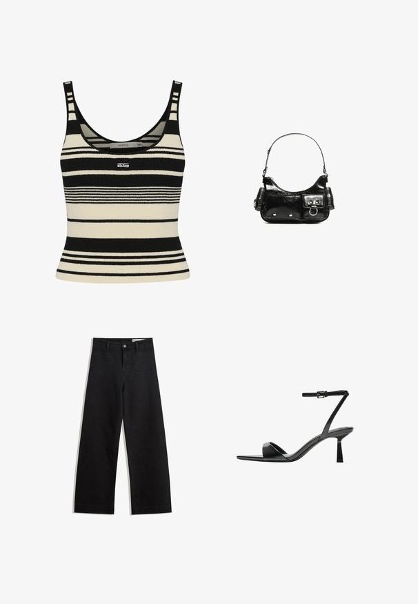Schwarzes und crèmefarbenes, gestreiftes Tanktop mit taillierter Passform, das dicke horizontale Streifen und ein zentriertes Logo auf der Vorderseite zeigt. Weicher Strickstoff.; Schwarze weit geschnittene Jeans mit hoher Taille, ausgestattet mit Vorder- und Hintertaschen, gesteppten Nähten und einem Knopfverschluss. Glatte Textur.; Bershka High Heel Sandalette - black; Schwarze Lackleder-Handtasche mit geschwungenem Design, einem Schulterriemen, Vordertaschen und silberfarbenen Hardware-Akzenten.