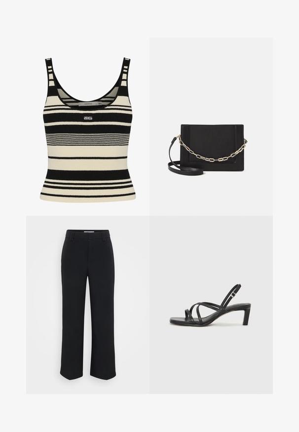 Svart og kremfarget stripete tank topp med en tettsittende design, som har tykke horisontale striper og en logo sentrert foran. Myk strikket tekstur.; Sorte vide bukser med en glat tekstur, der har en flad talje og sidelommer, designet med en minimalistisk æstetik.; Sorte sandaler med stropper, firkantet tå og lav blokk hæl. Har flere tynne stropper og en justerbar ankelstropp. Laget av glatt lær.; Svart lær crossbody-veske med glatt tekstur, rektangulær form og metallkjede detaljer på framsiden. Justerbar stroppe inkludert.